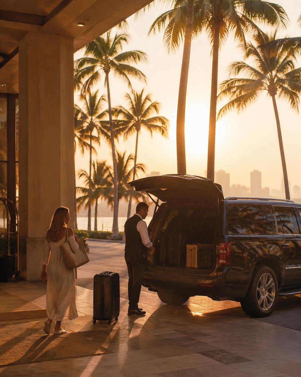 Guest loading luggage into an SUV at a palm-lined hotel entrance